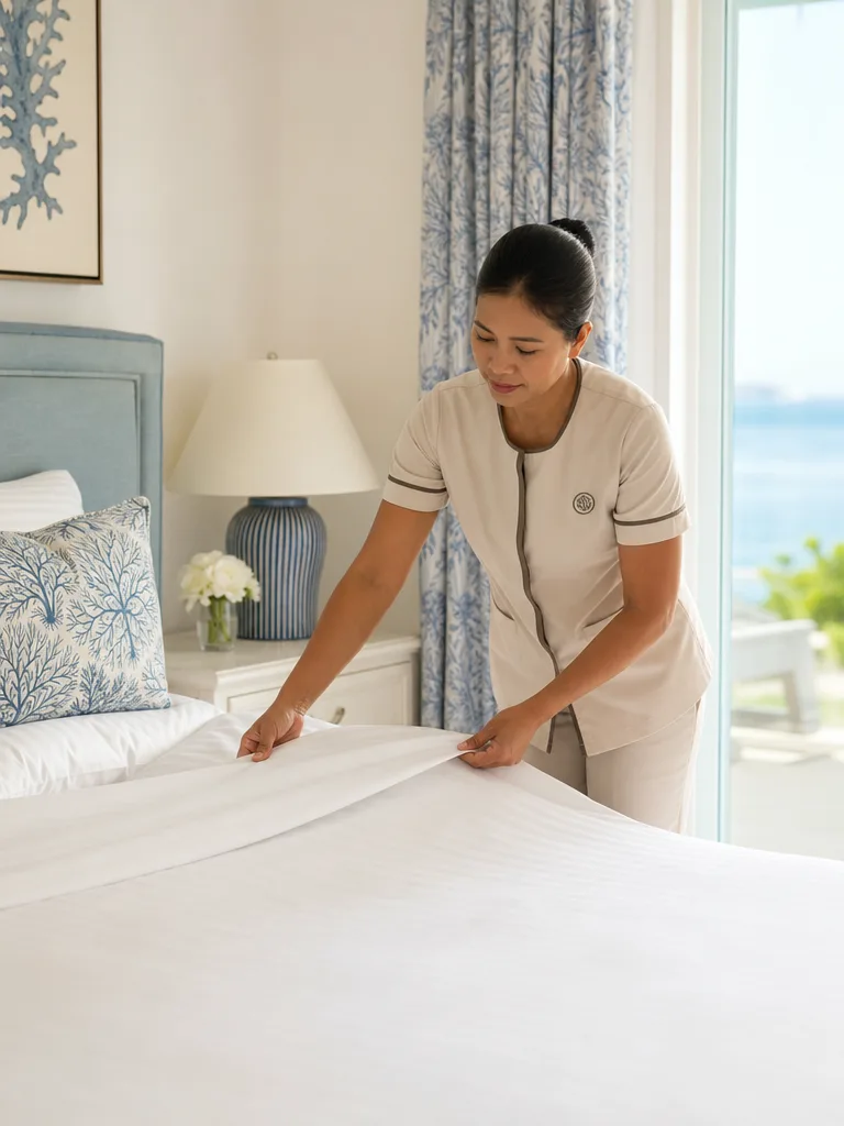Professional housekeeper making a bed with fresh linen
